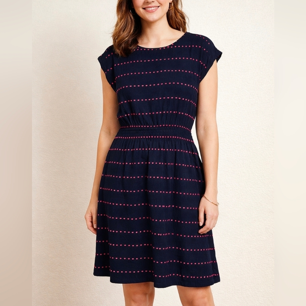 LOFT Navy Embroidered Dot Short Sleeve Dress – Elastic Waist